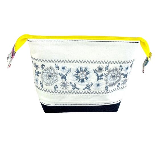 Handmade Upcycled Floral Embroidered White Denim Lined Cosmetic Pouch Bag - Picture 2 of 8